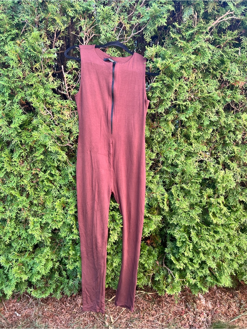naked wardrobe Sleeveless Front-Zip Brown Jumpsuit